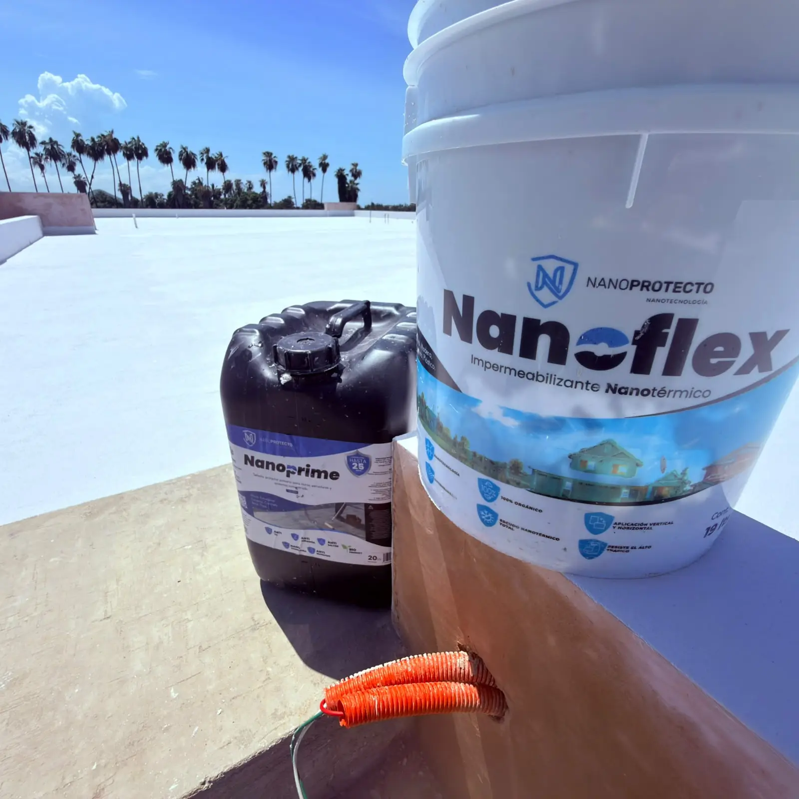 Bucket of Nanoflex on the rooftop